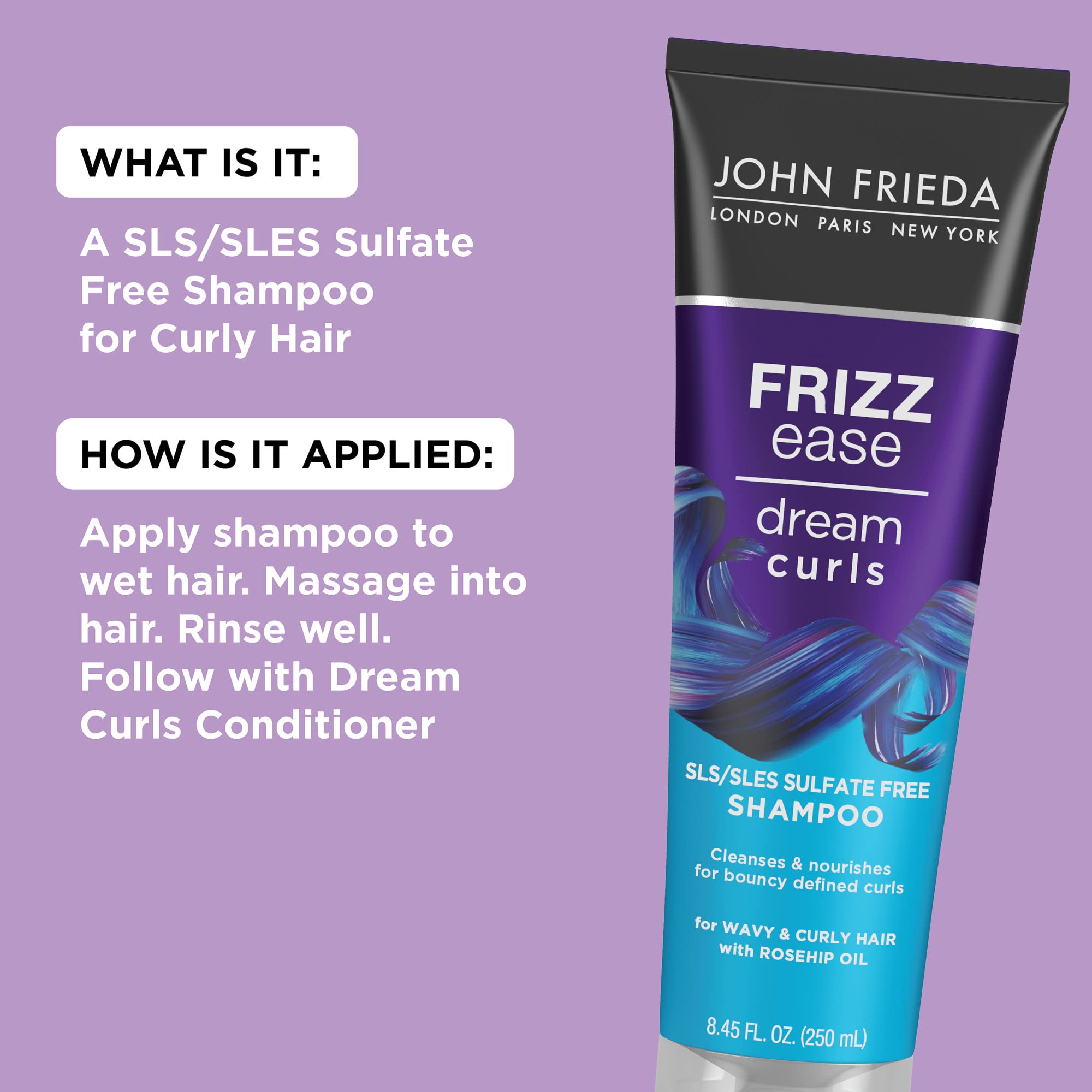 Curl-enhancing technology visual emphasizes rosehip oil for nourished curls.