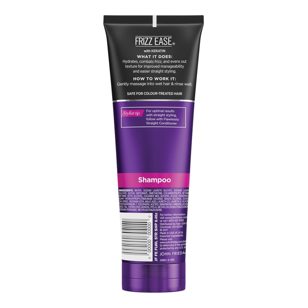 John Frieda Frizz Ease Flawlessly Straight shampoo lather shows even application for sleek straight styles.