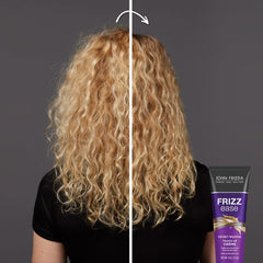 John Frieda Frizz Ease Secret Weapon bottle delivering high-gloss finish and frizz control.