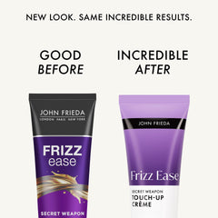 John Frieda Frizz Ease Secret Weapon pea-size dispense on hair for smooth touch-ups.