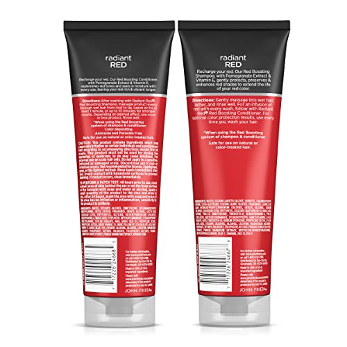 Shampoo and conditioner with bold red accents signifying color-enhancing care