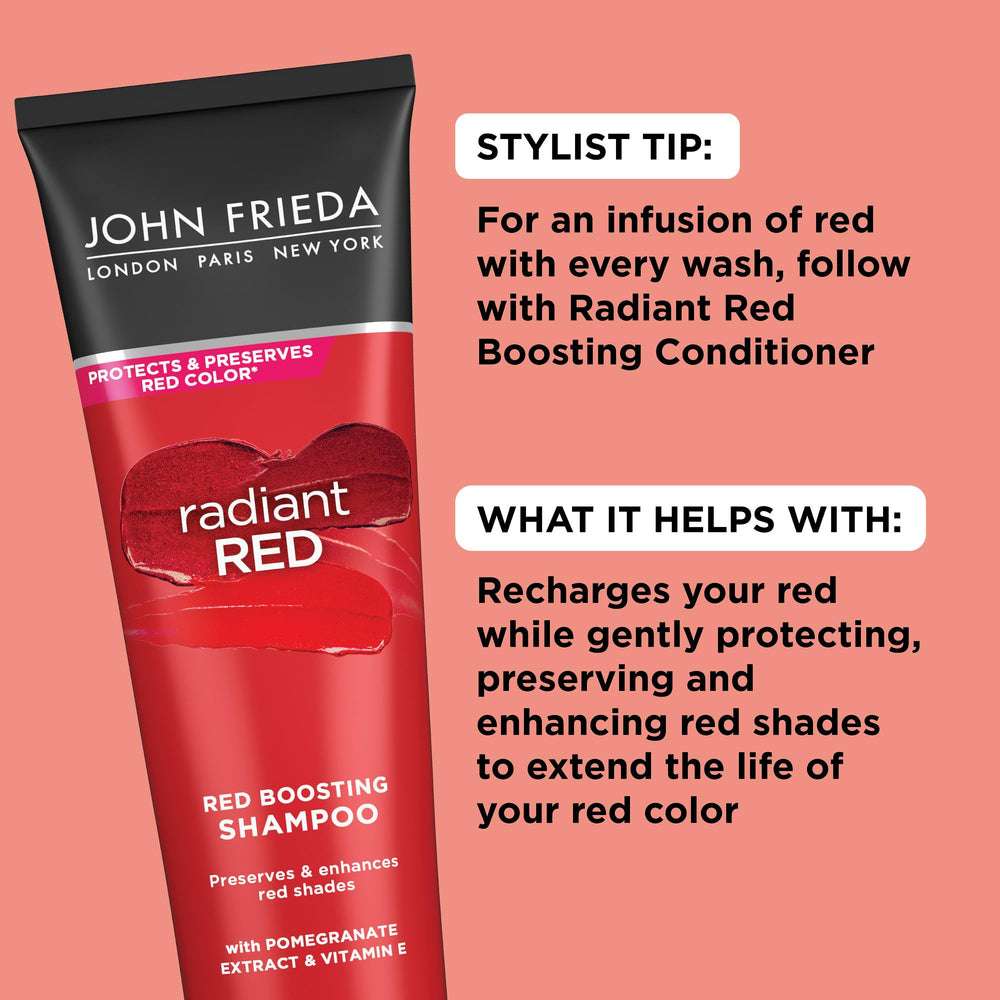 Daily-use friendly John Frieda Radiant Red Shampoo on shower shelf.