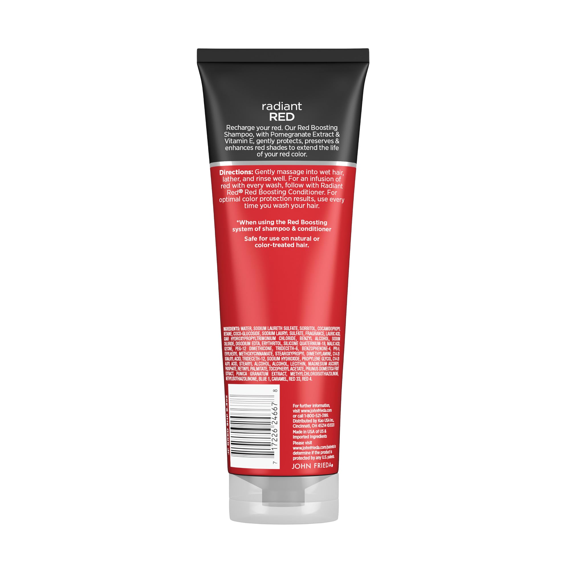 Close-up of ingredients panel on John Frieda Radiant Red Shampoo highlighting pomegranate and vitamin E.