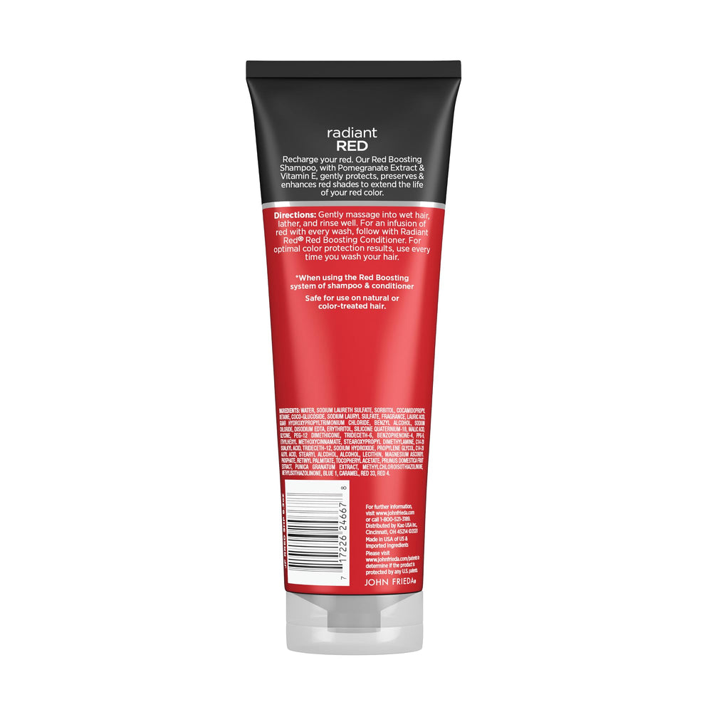 Close-up of ingredients panel on John Frieda Radiant Red Shampoo highlighting pomegranate and vitamin E.