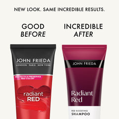 John Frieda Radiant Red Shampoo being poured to refresh red tones.