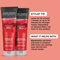 John Frieda Radiant Red conditioner tube emphasizing softness and shine for color-treated hair