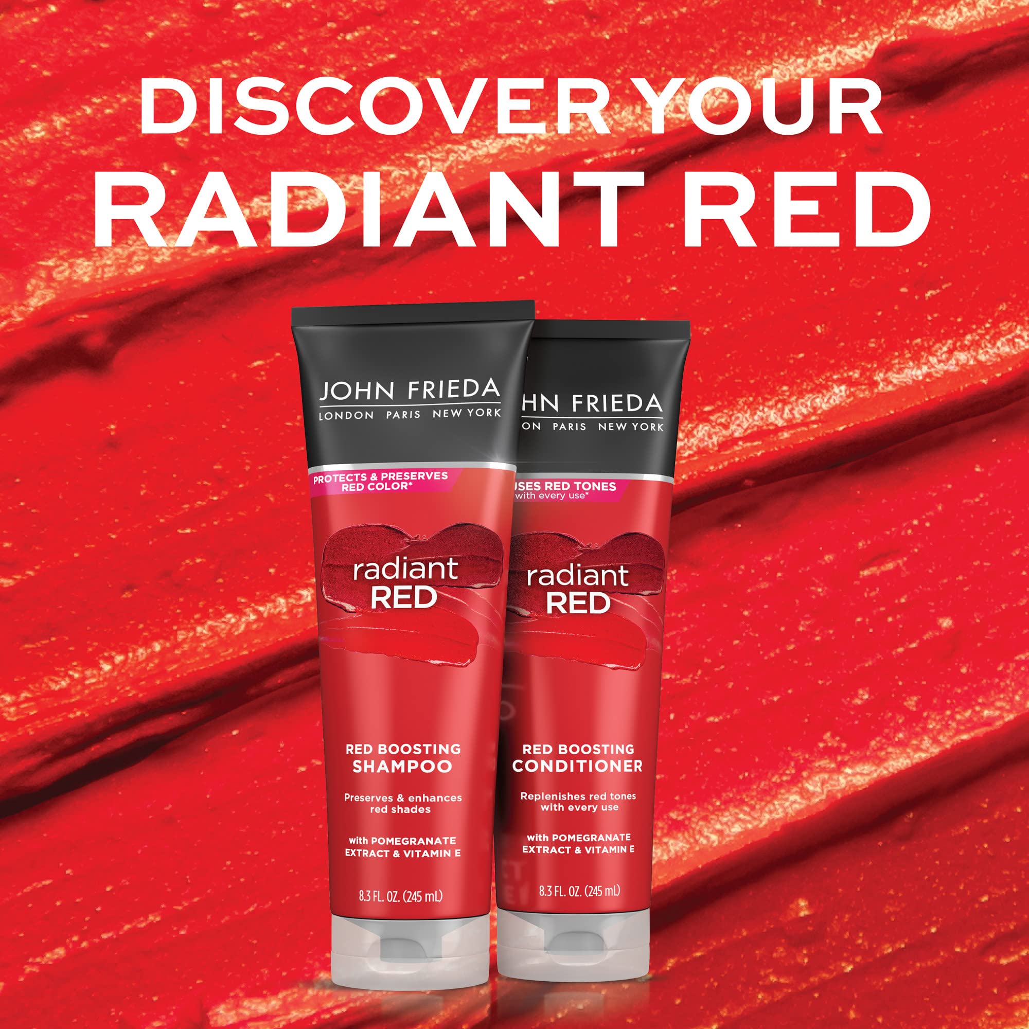Vitamin E graphic beside John Frieda Radiant Red Shampoo bottle.