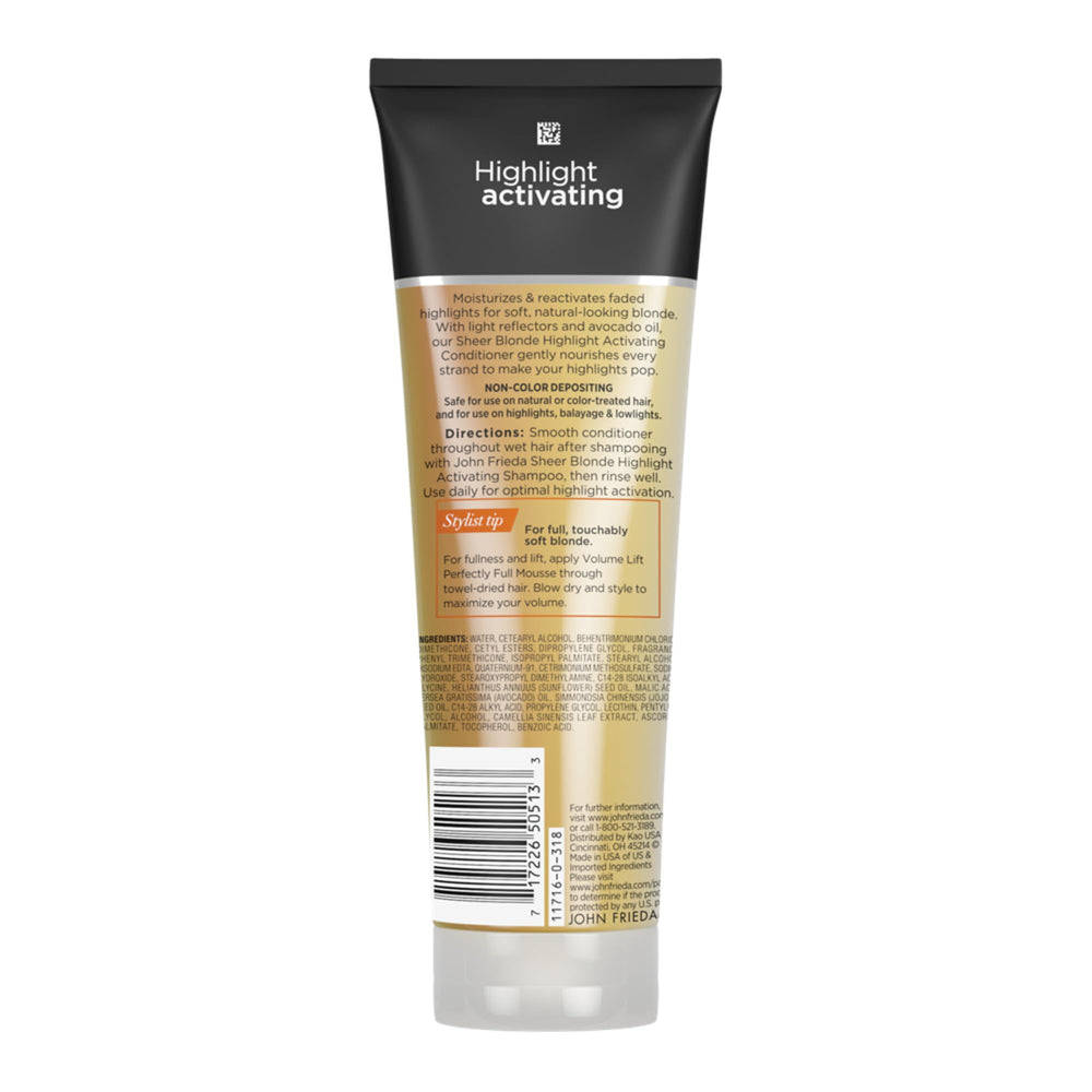 John Frieda Sheer Blonde bottle side showcases nourishing formula for smoother, shinier hair