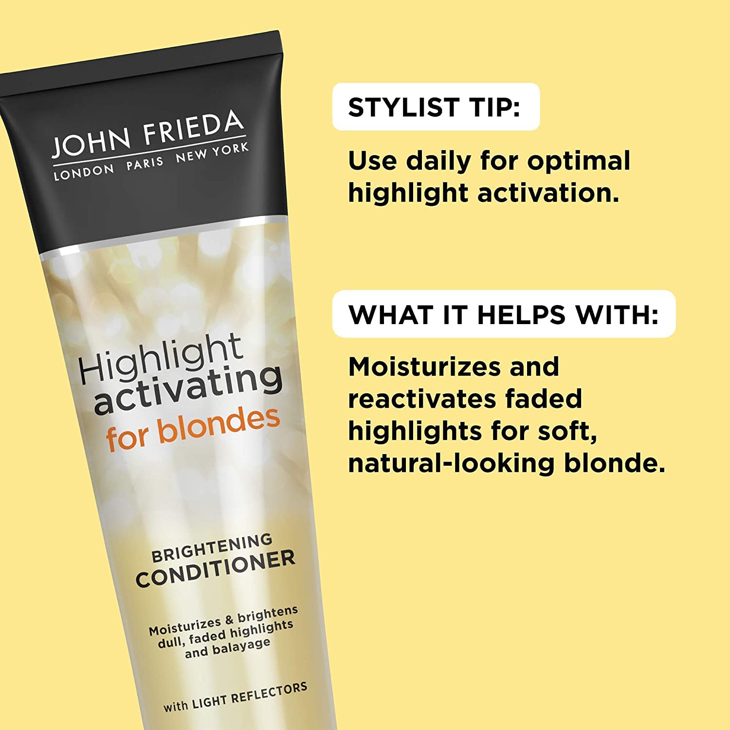 John Frieda bottle with sunlight highlights shimmering blonde strands