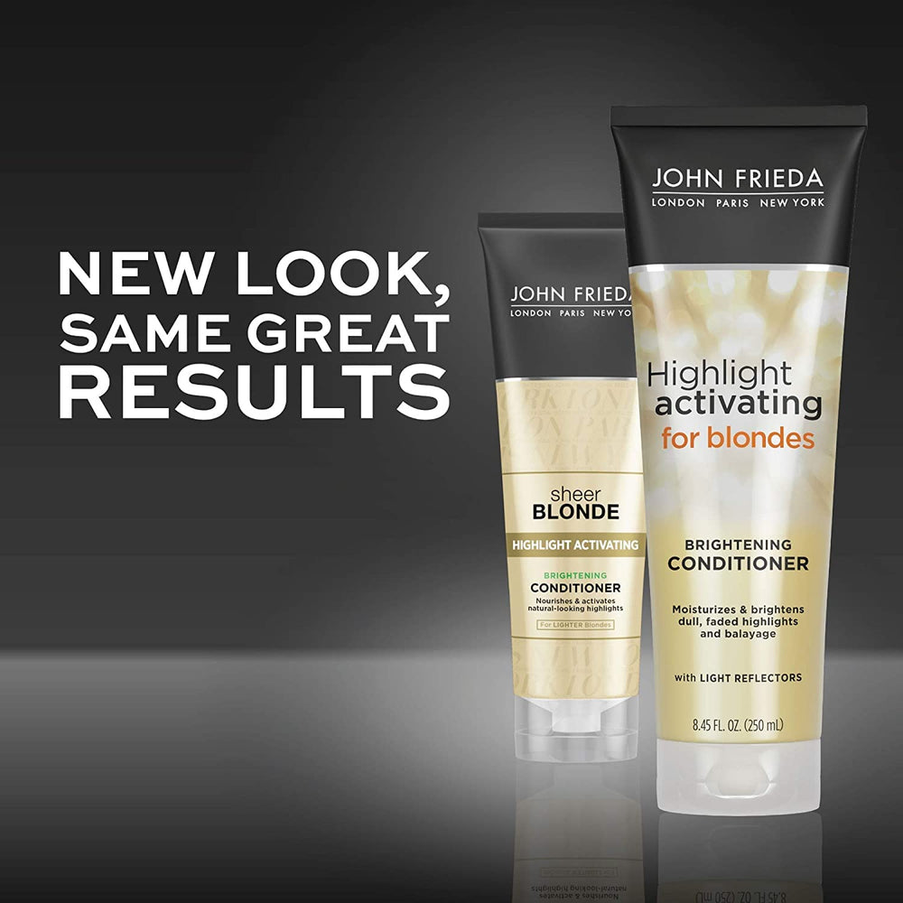 John Frieda conditioner smoothing and renewing silky texture on light blonde hair