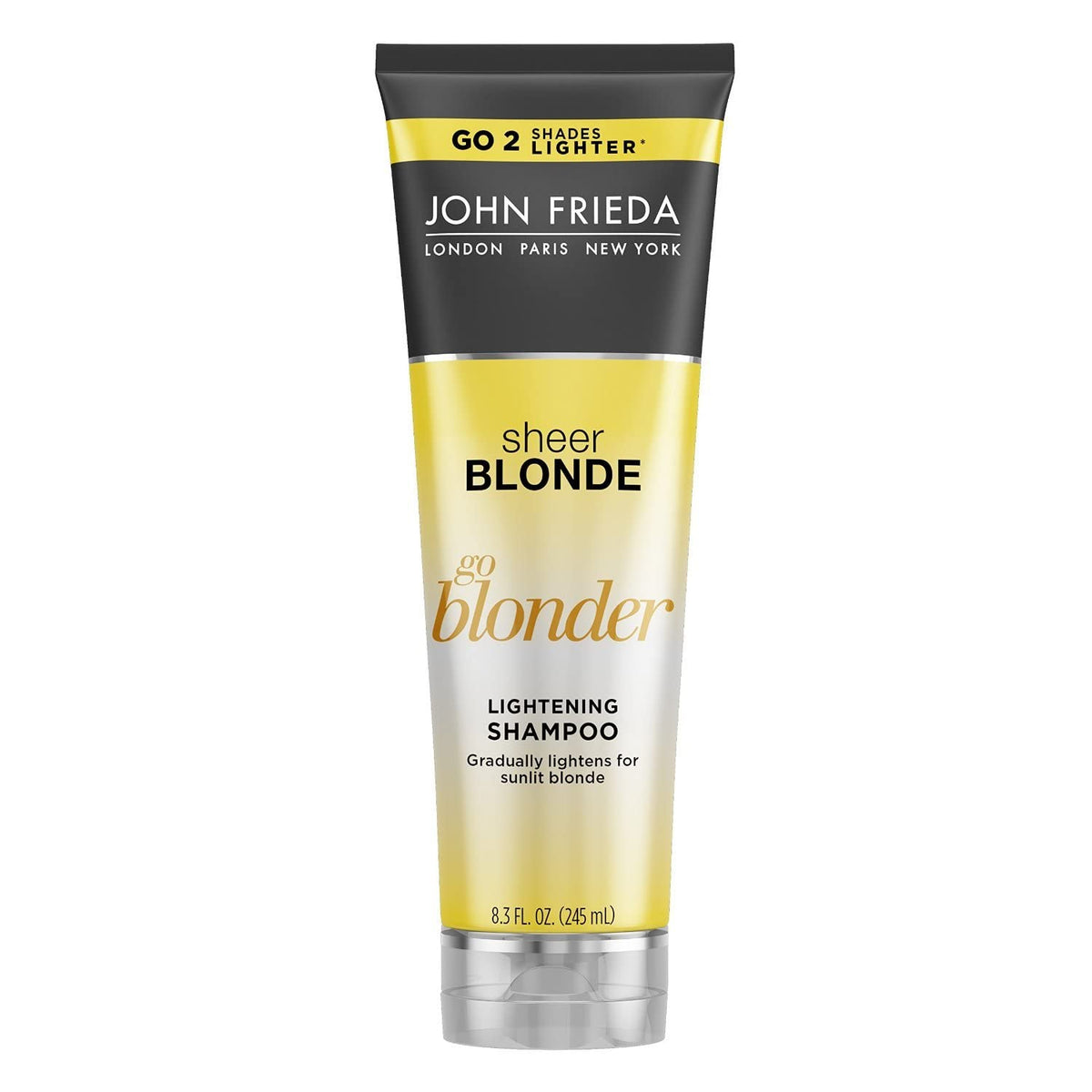 John Frieda Sheer Blonde Go Blonder bottle promotes gradual lightening for natural or color-treated hair.