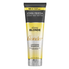 John Frieda Sheer Blonde Go Blonder bottle promotes gradual lightening for natural or color-treated hair.