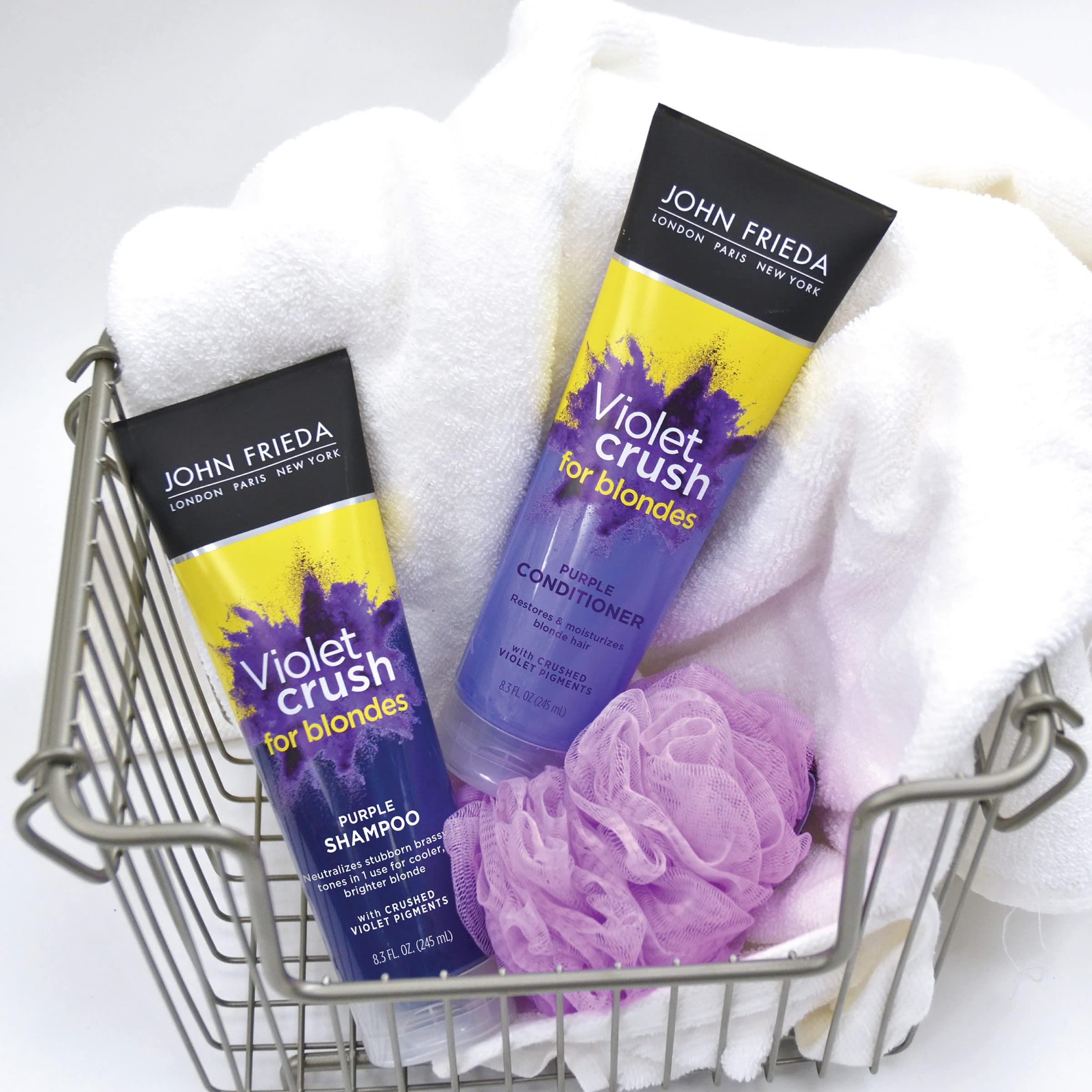 Visual of brassy blonde before and after use of Violet Crush