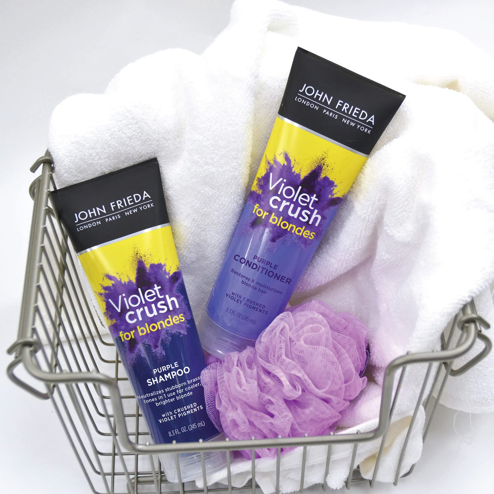 Visual of brassy blonde before and after use of Violet Crush