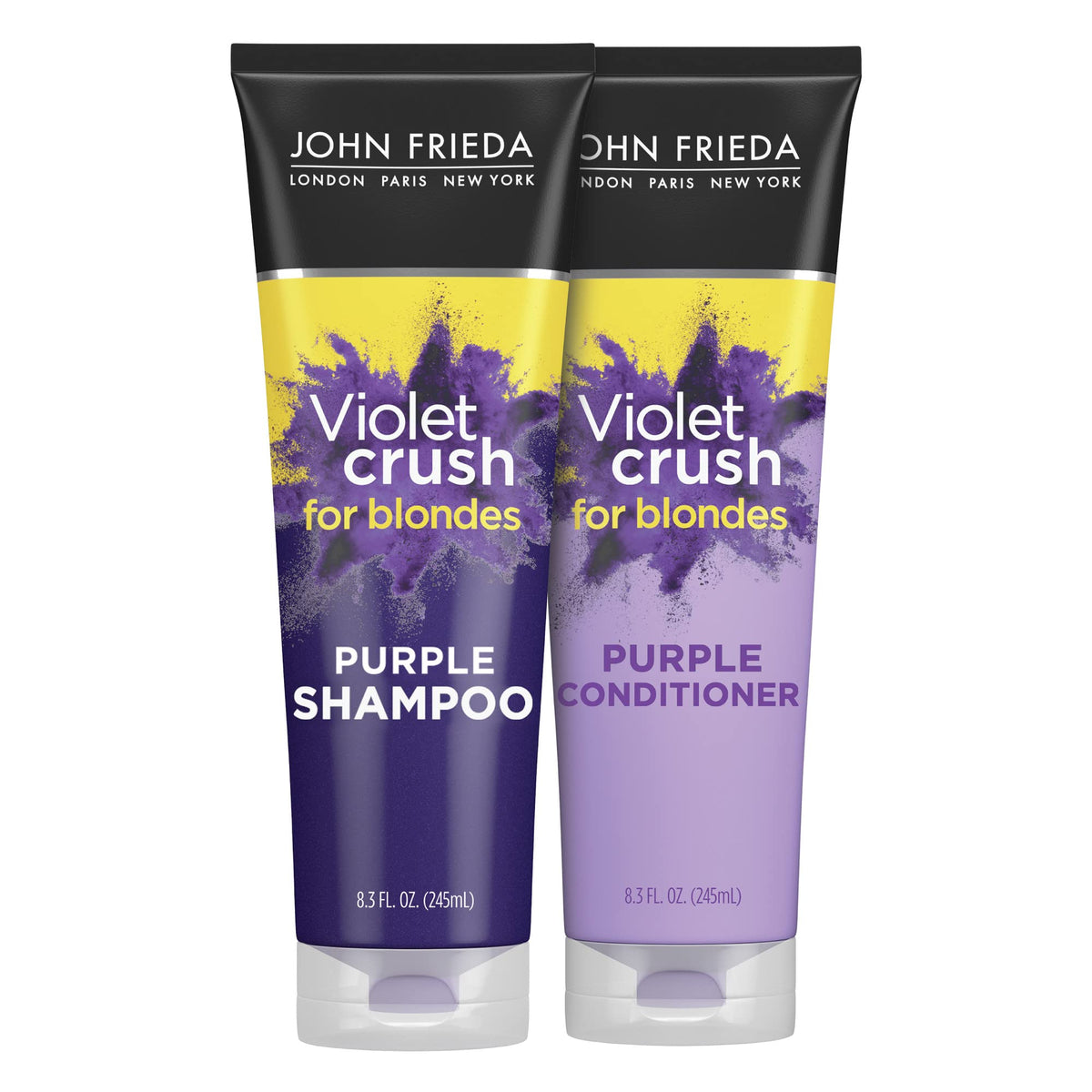 John Frieda Violet Crush Shampoo bottle showing violet toning for brass reduction