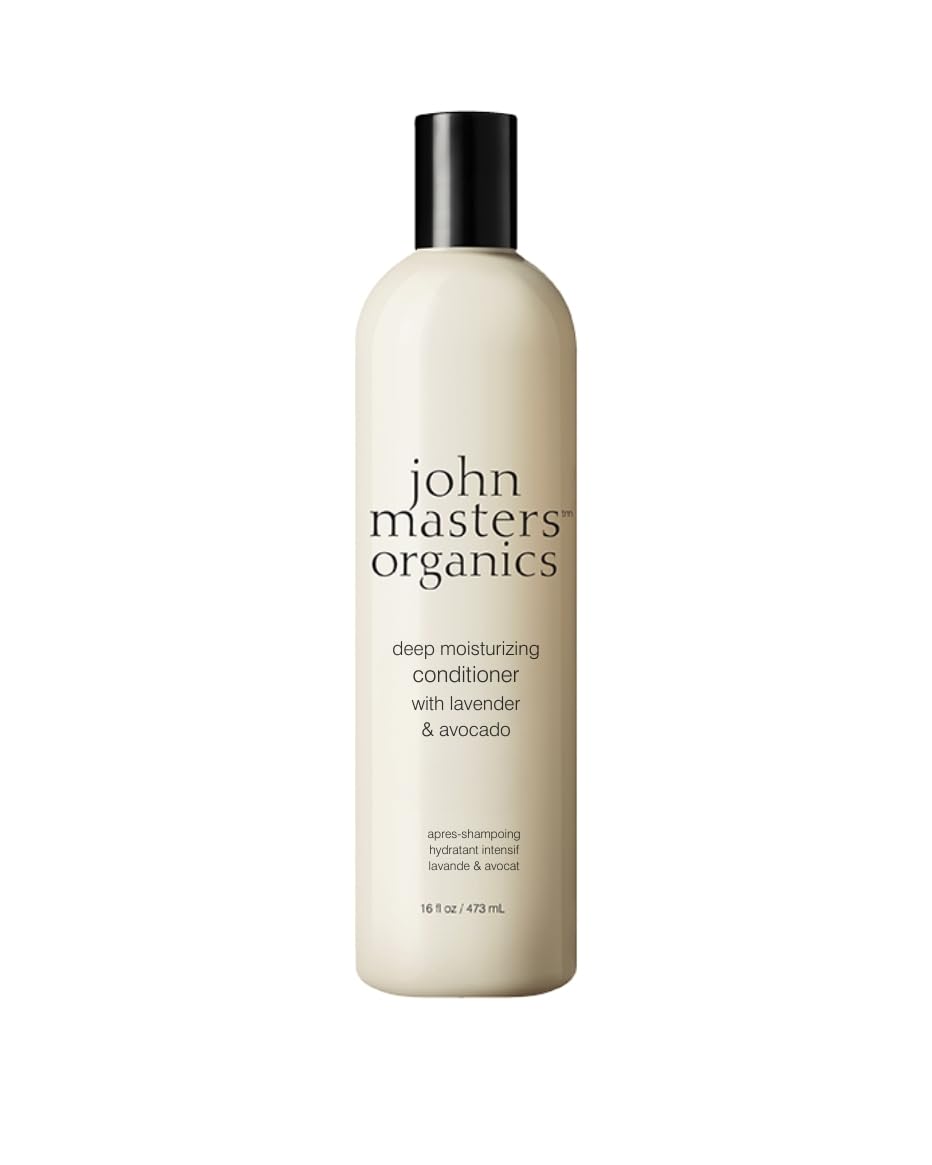 John Masters Organics conditioner bottle with lavender and avocado nourishes dry hair.