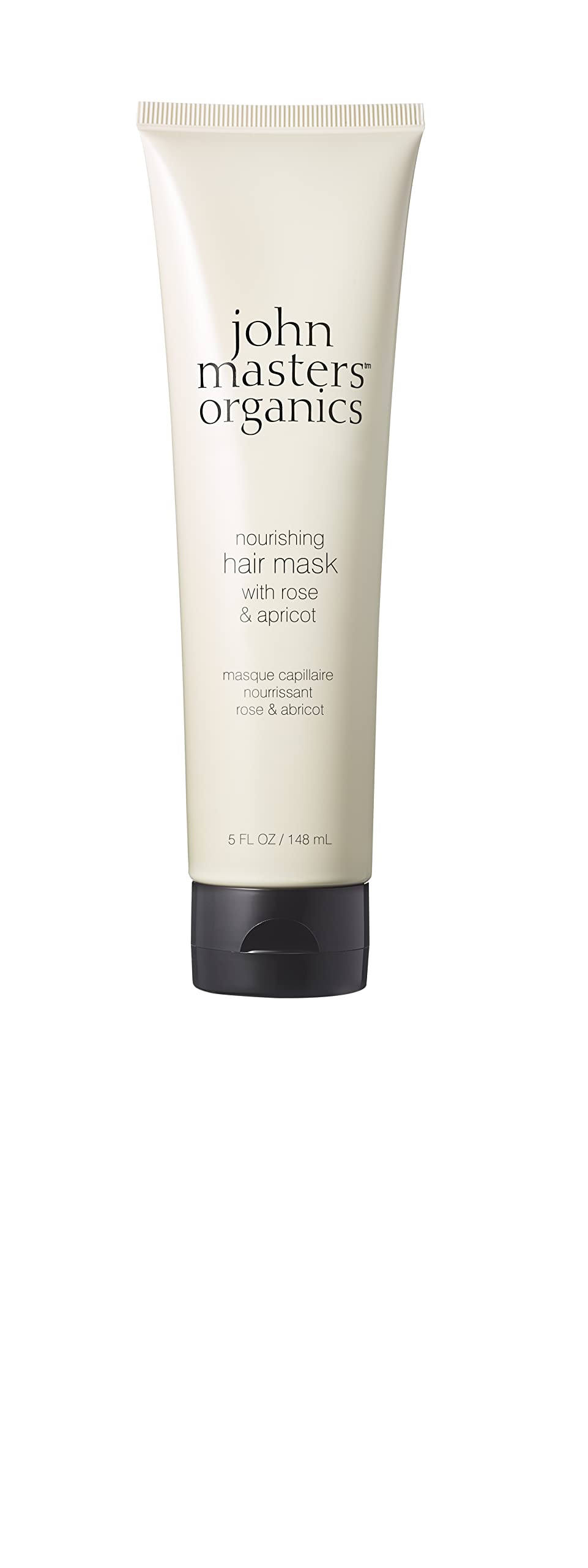 John Masters Organics Nourishing Hair Mask bottle with Rose and Apricot for deep conditioning.