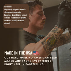 Johnny Slicks Body Wash made in USA label reflects veteran ownership and quality.