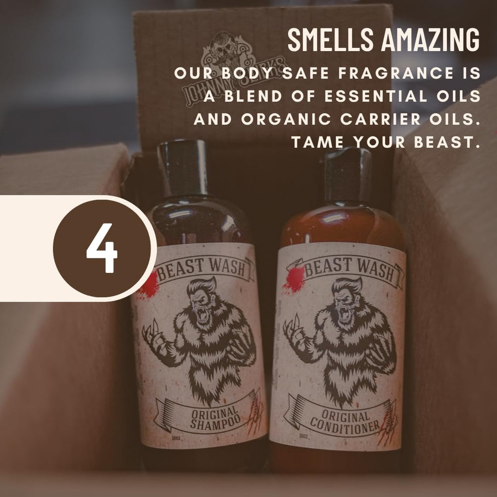 Johnny Slicks Conditioner rugged scent notes for grooming appeal.