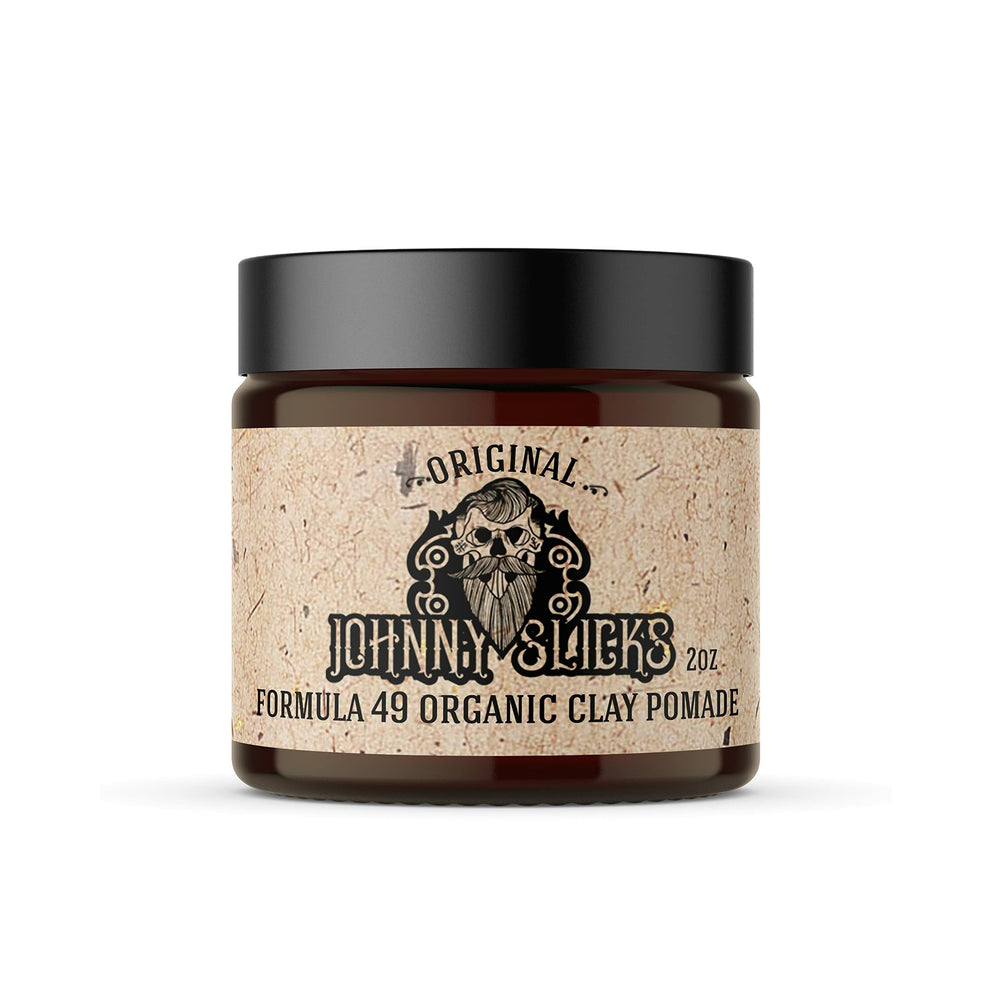 Johnny Slicks Formula 49 clay pomade bottle for confident styling.