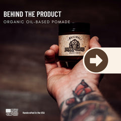Johnny Slicks Pomade jar back label shows USA-made quality and ingredients
