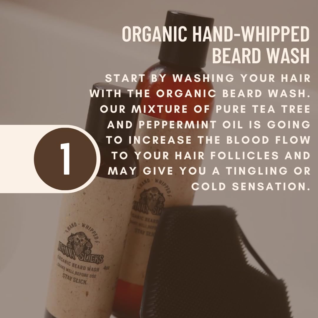 Johnny Slicks Organic Beard Oil bottle provides scalp nourishment and follicles care