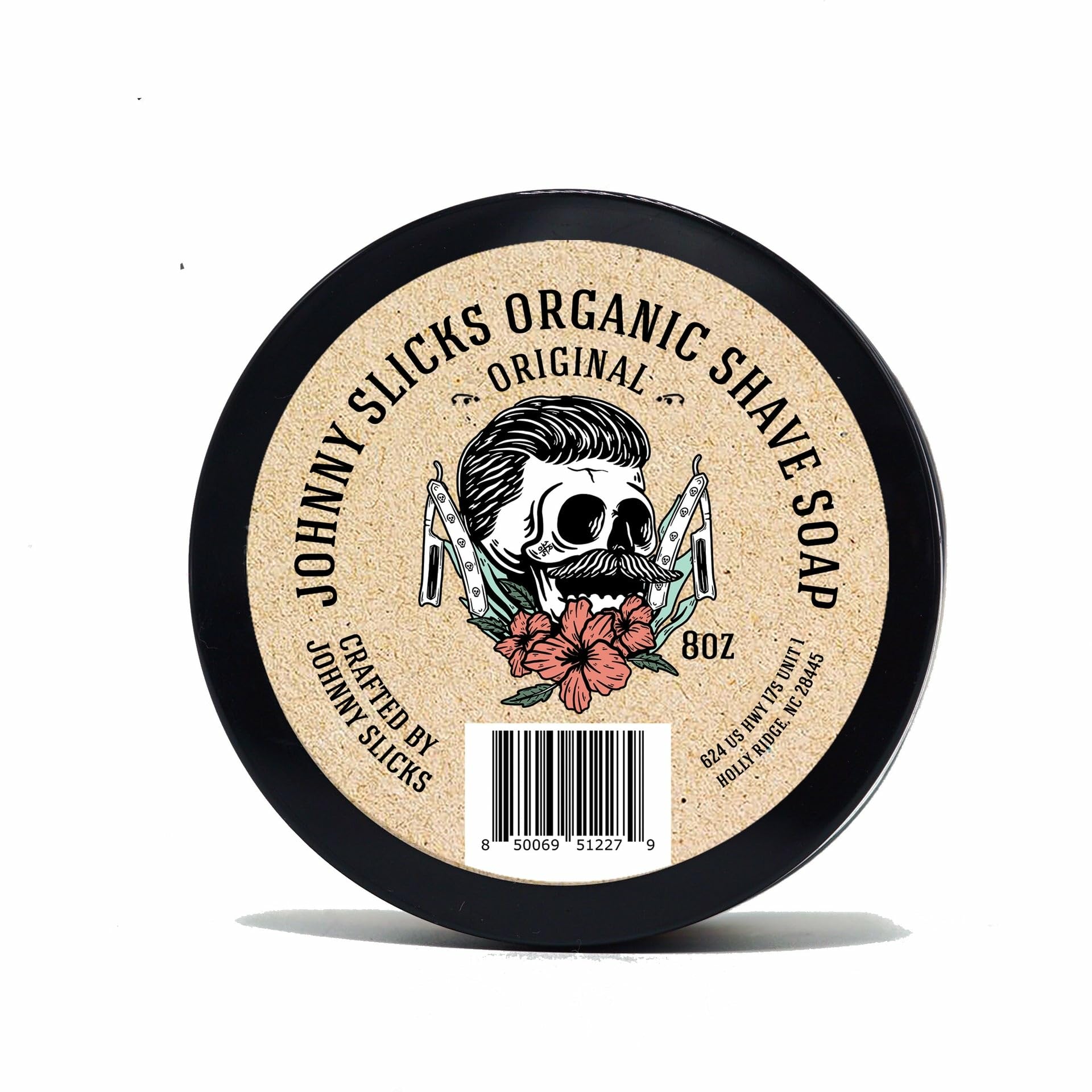 Johnny Slicks Organic Shave Soap jar with rich lather for a smoother shave