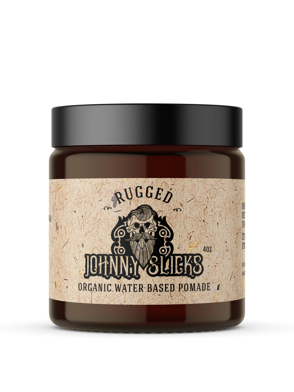 Johnny Slicks Water Based Pomade bottle showing strong hold for durable styling.