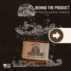 Johnny Slicks Water Based Pomade jar highlighting organic formula for healthy hair and skin hydration.