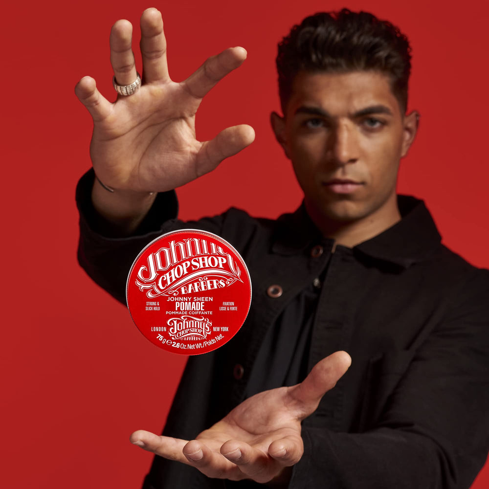 Johnny's Chop Shop hair style shot demonstrates versatile hold for vintage looks.
