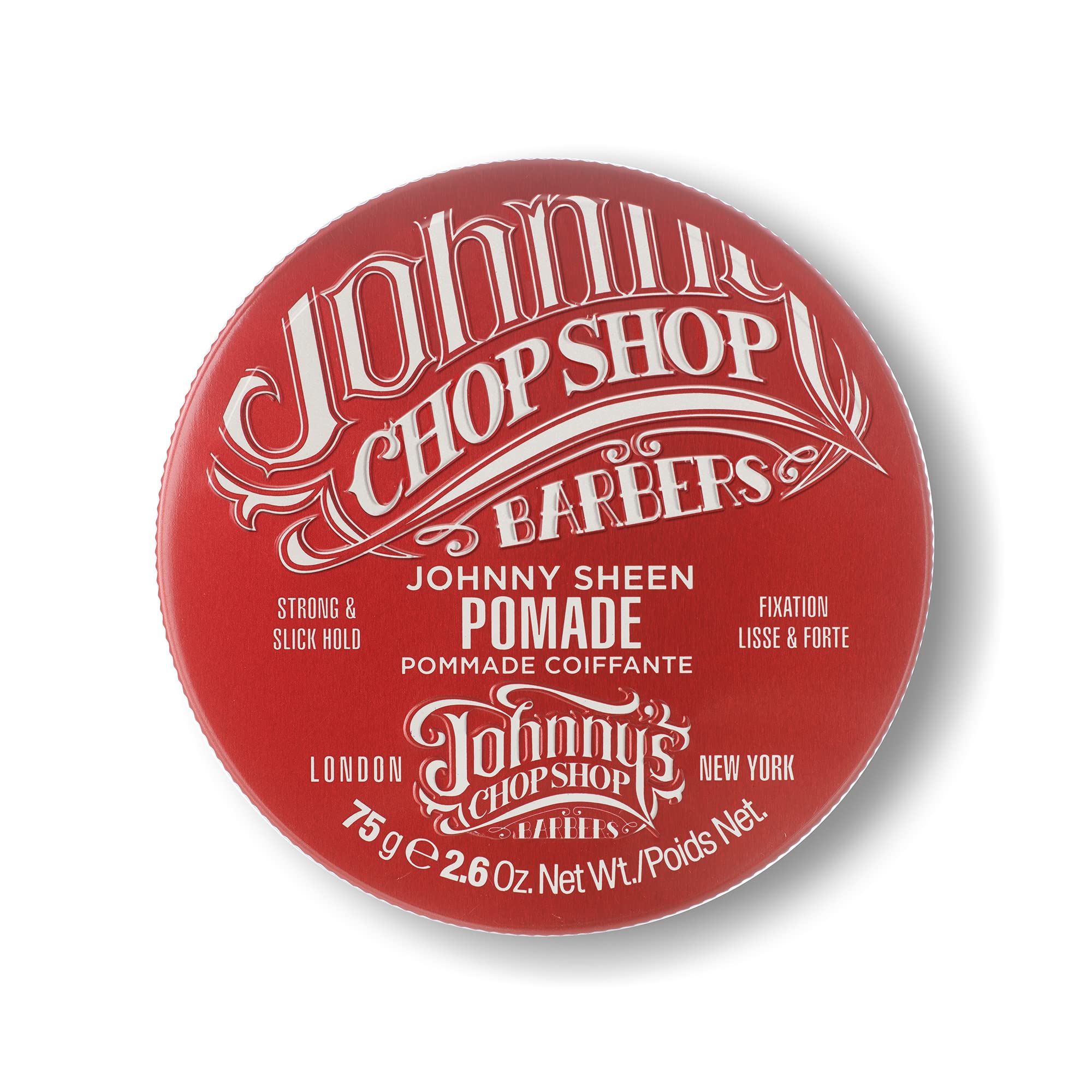Johnny's Chop Shop Johnny Sheen pomade jar on display for premium hold.