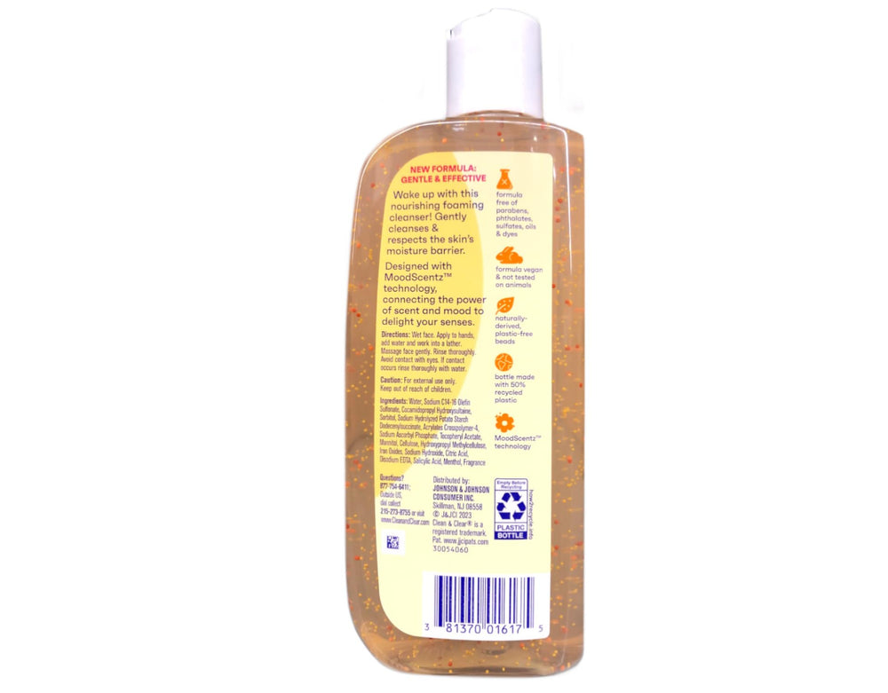 Label shows vitamin C and ginseng with citrus foaming action for daily renewal