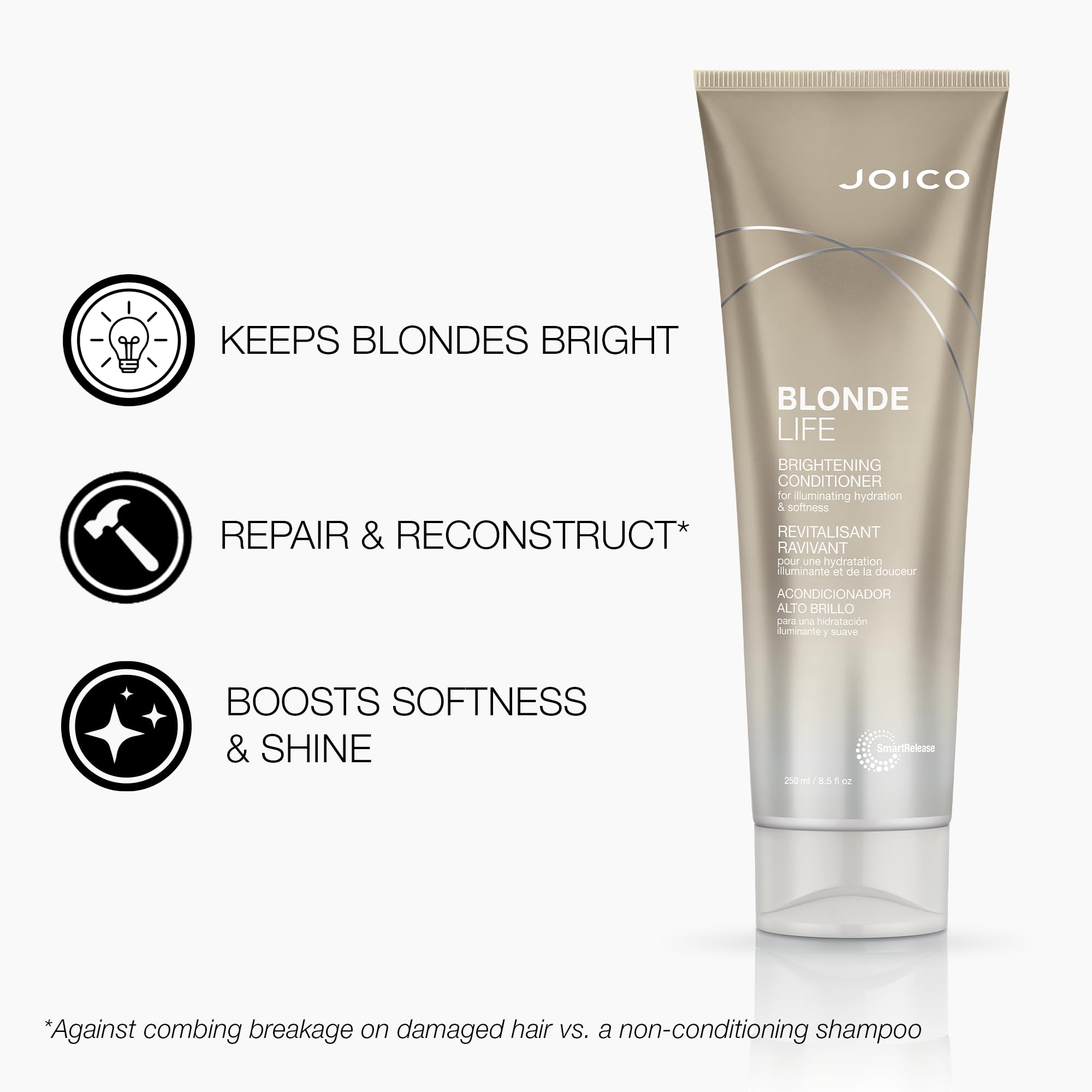 Joico Blonde Life brass banishing tone visual on hair strand.
