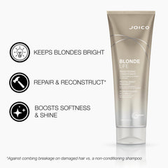 Joico Blonde Life brass banishing tone visual on hair strand.