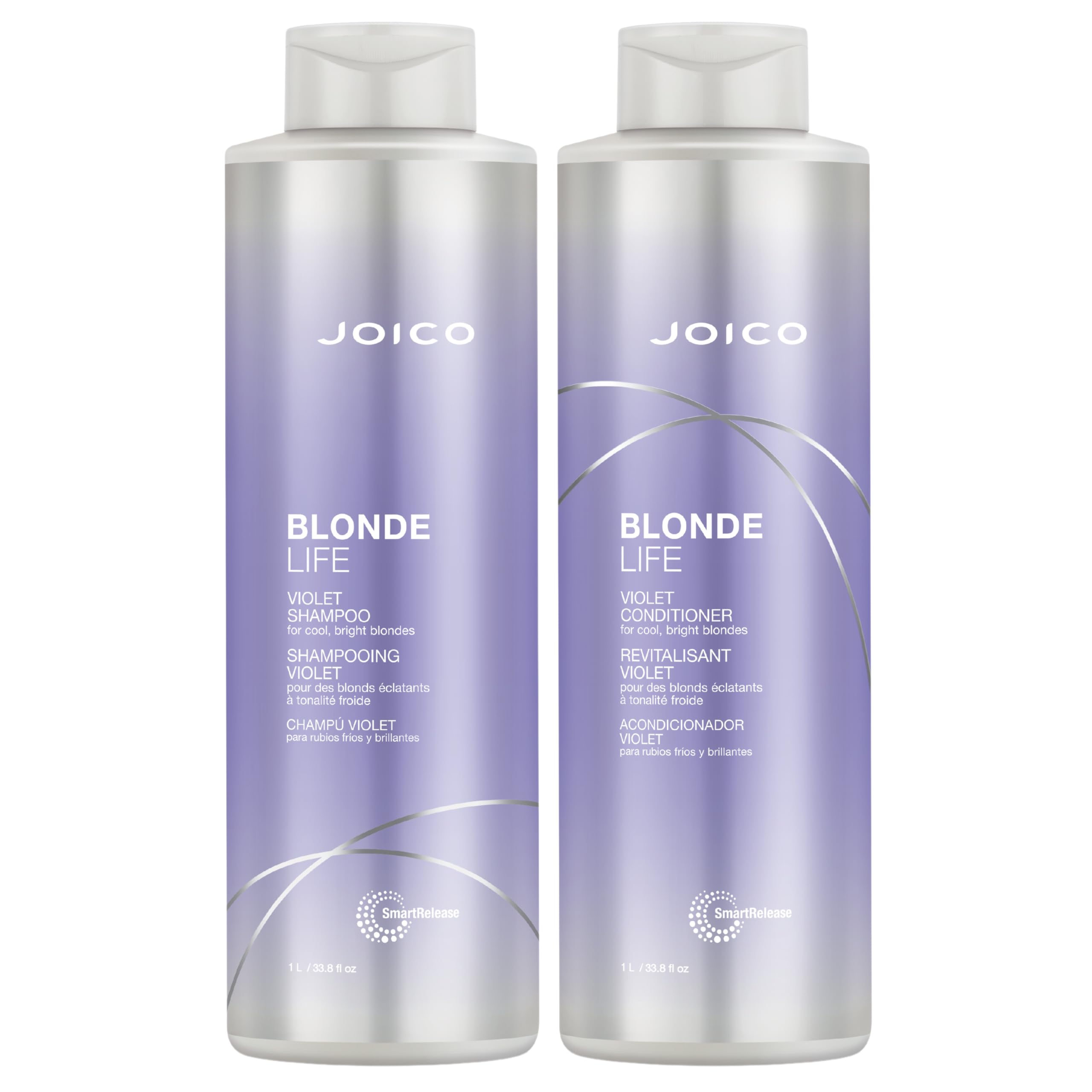Joico Blonde Life shampoo bottle pour showing brass-neutralizing action for cooler blondes