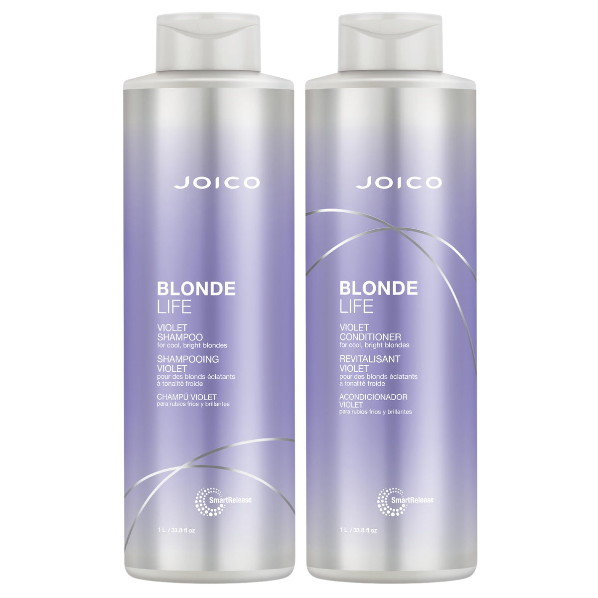 Joico Blonde Life shampoo bottle pour showing brass-neutralizing action for cooler blondes