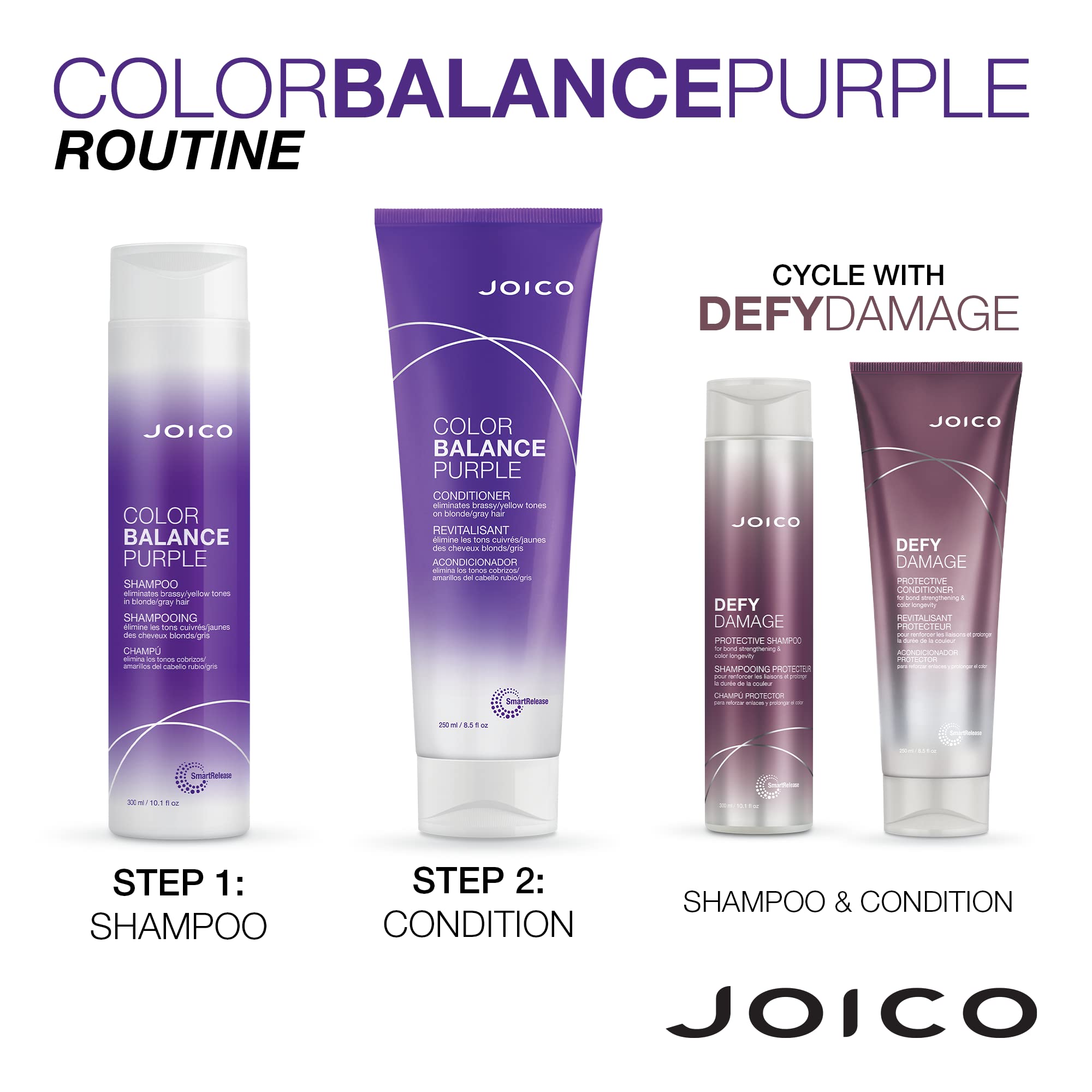 Joico Color Balance Purple Duo image illustrating color-balanced hair care routine.