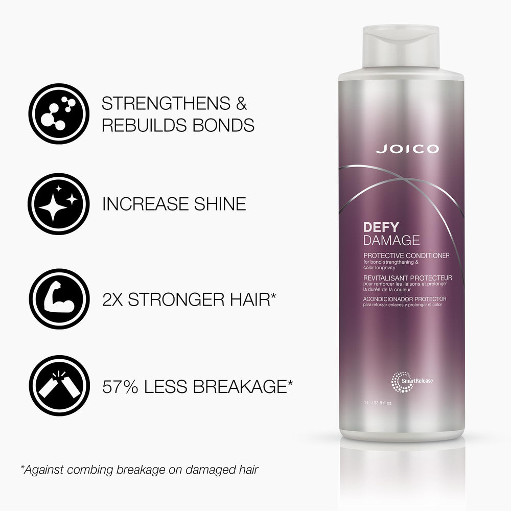 Joico Defy Damage conditioner application shot, showing smooth, manageable hair after use.