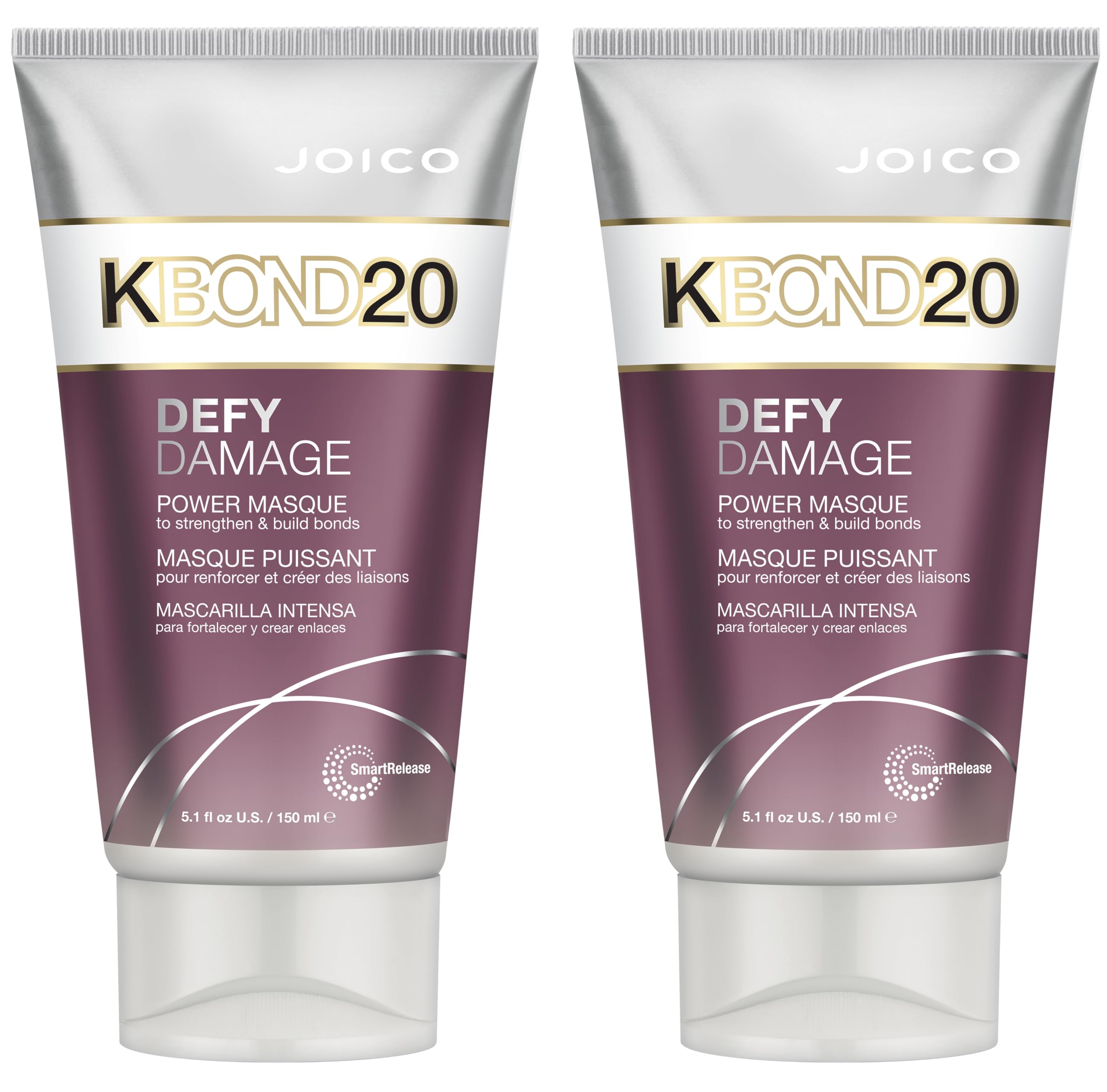 Joico Defy Damage KBOND20 Power Masque bottle shows color-safe hydration and bond rebuilding.