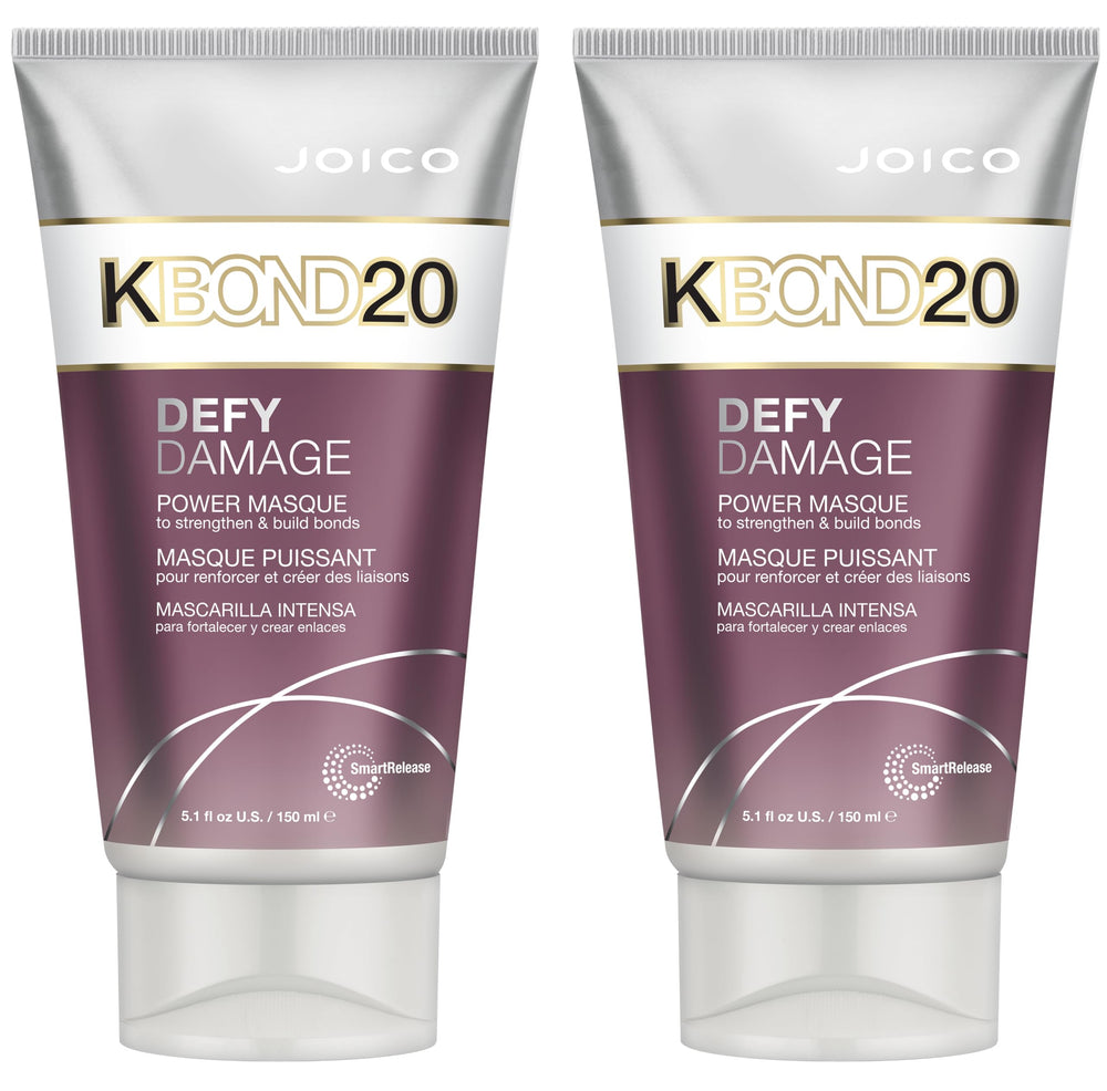 Joico Defy Damage KBOND20 Power Masque bottle shows color-safe hydration and bond rebuilding.