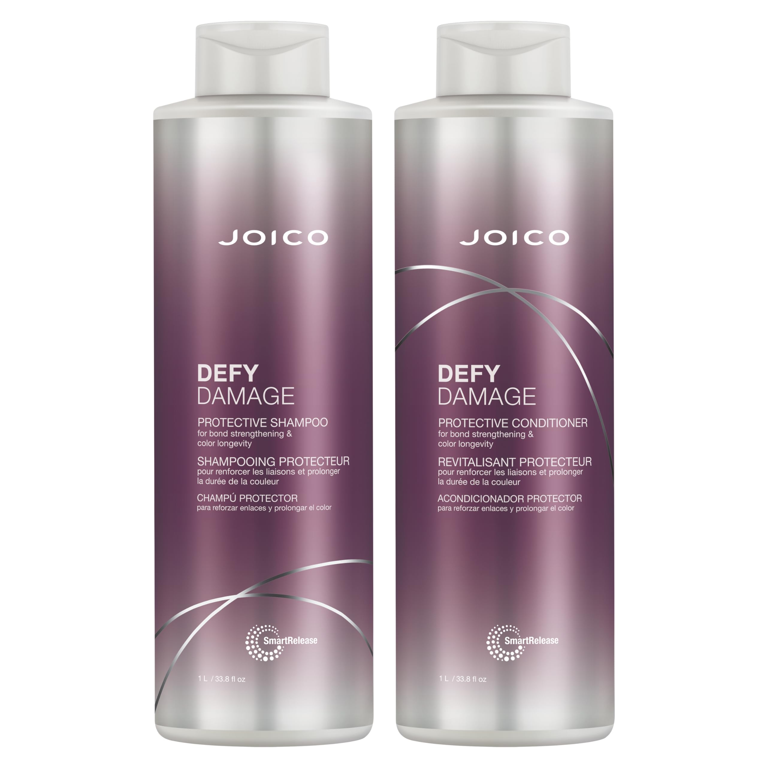 Joico Defy Damage shampoo bottle, 33 oz, highlighting color protection for vibrant hair.