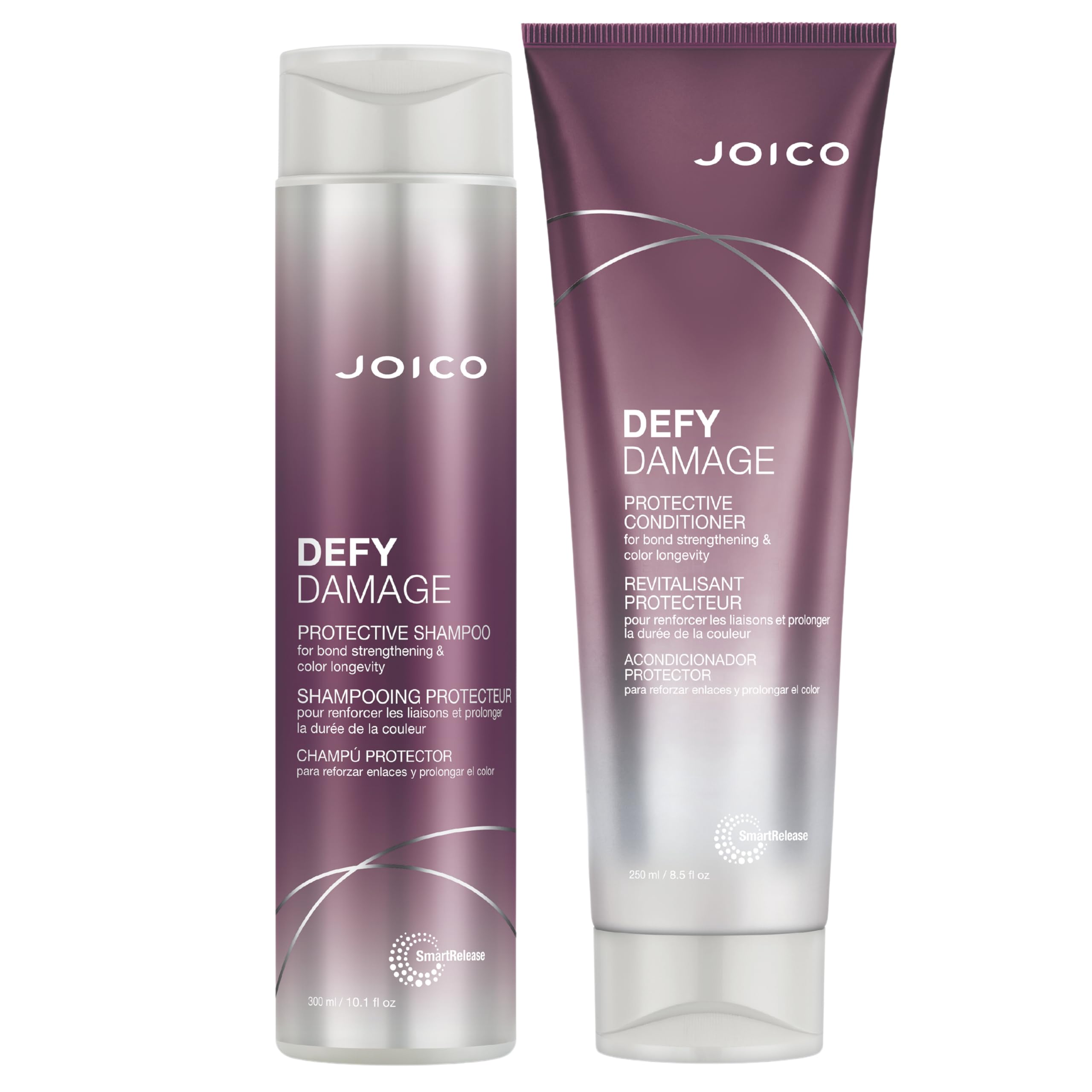 Joico Defy Damage shampoo bottle showing color protection and bond strengthening benefits.