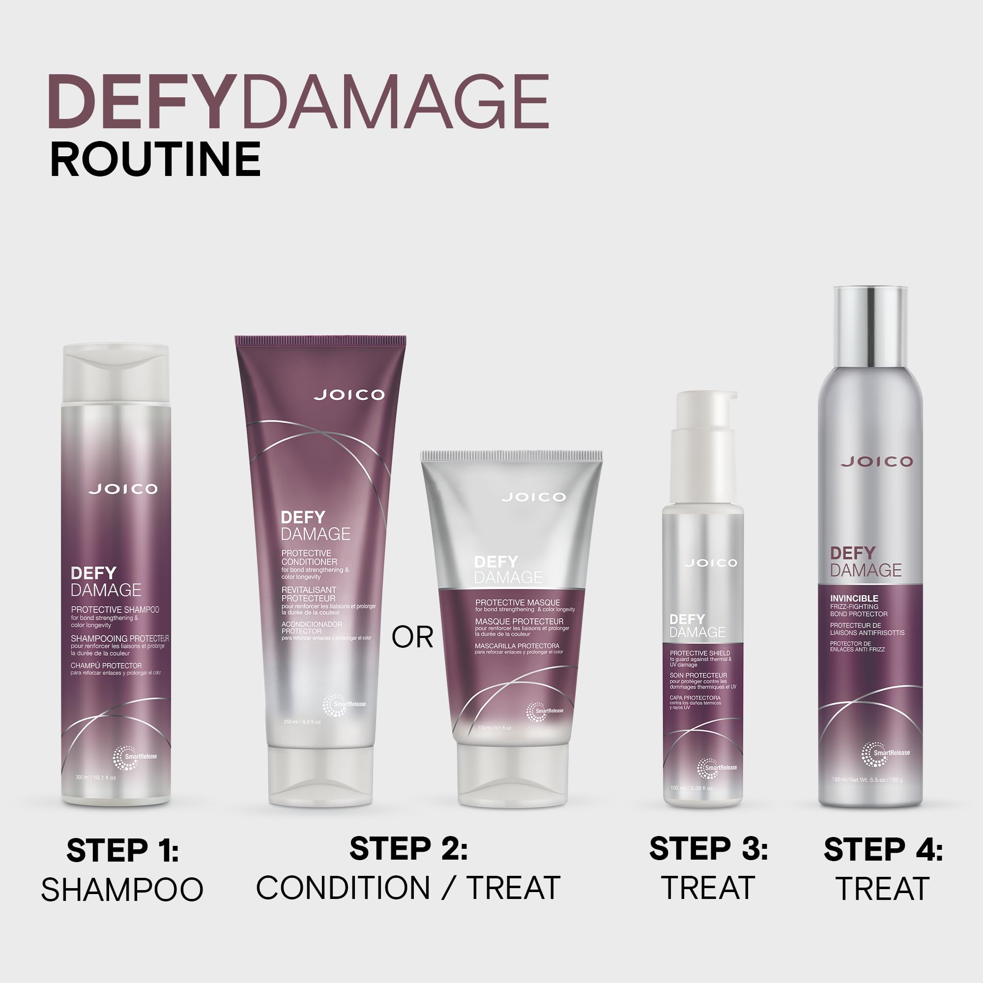 Smoothing finish enhances manageability and shine for Joico Defy Damage Shield