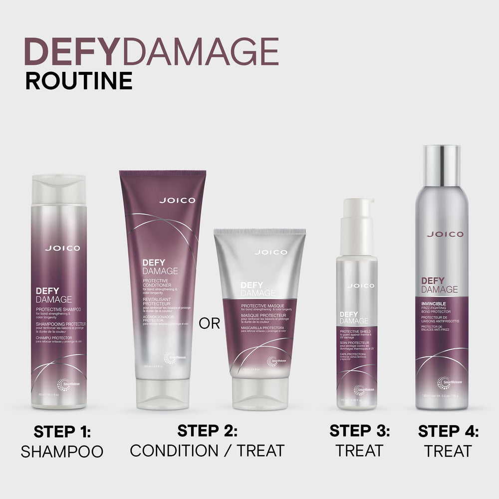 Smoothing finish enhances manageability and shine for Joico Defy Damage Shield