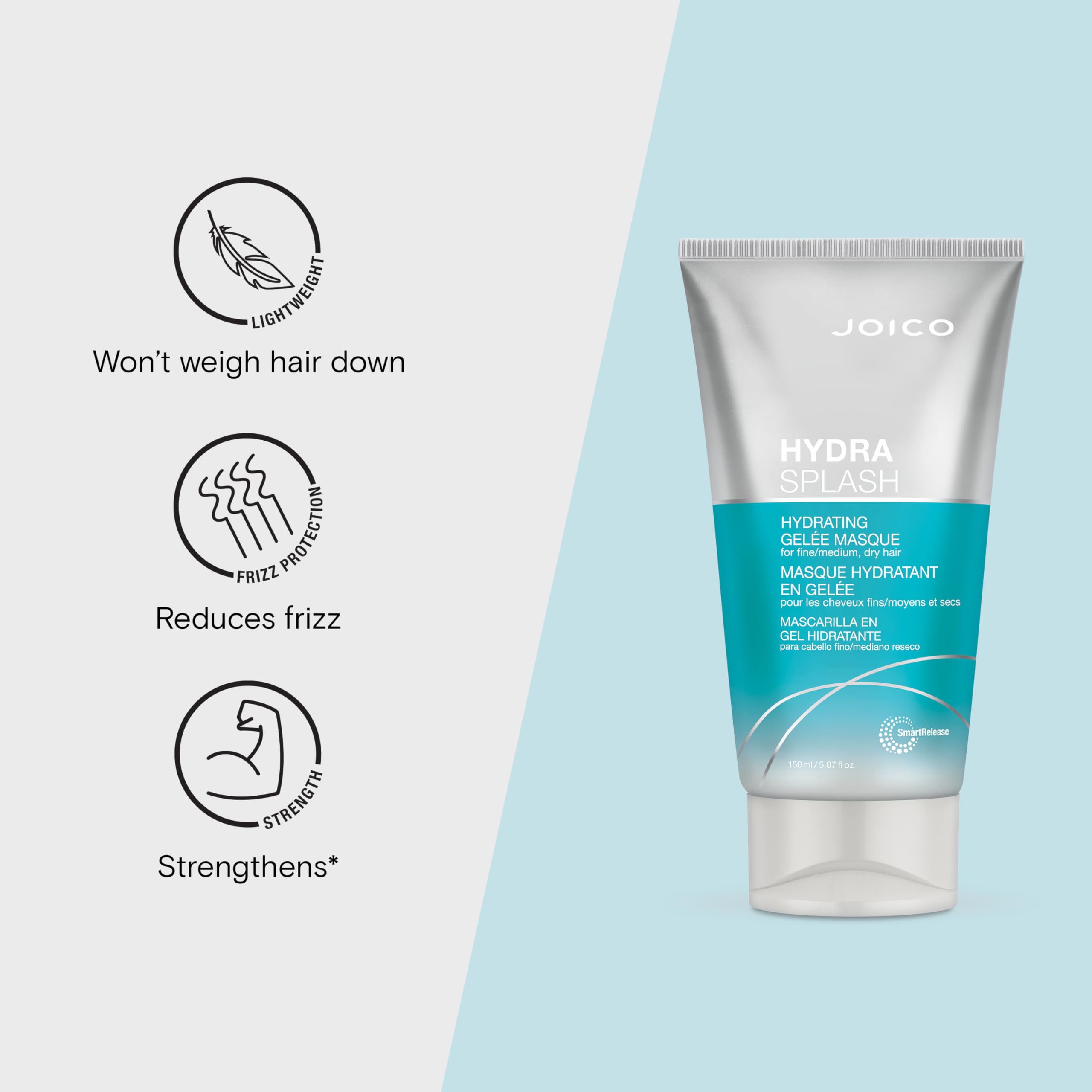 Joico HydraSplash Gelee Masque bottle closeup — lightweight texture glides through delicate strands