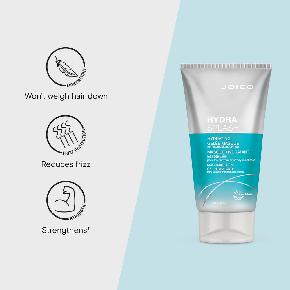 Joico HydraSplash Gelee Masque bottle closeup — lightweight texture glides through delicate strands