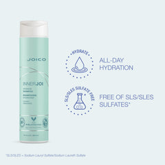 Joico InnerJoi Hydration Shampoo close-up showing creamy lather for hydrated hair.