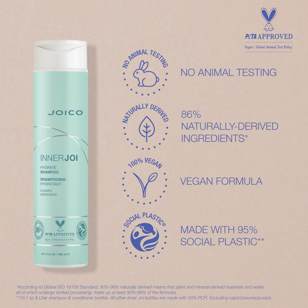 Joico InnerJoi shampoo bottle with no silicones, parabens, or SLS/SLES.