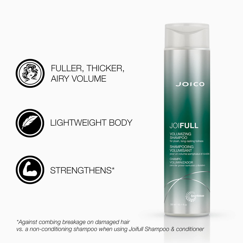 Joico JoiFULL conditioner bottle closeup highlighting easy detangling and airy fullness.