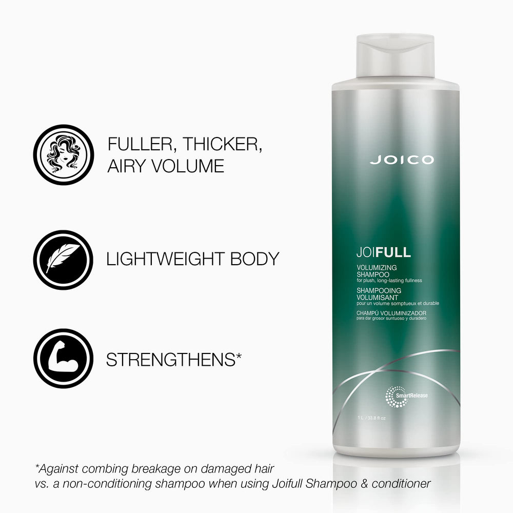 Joico JoiFULL conditioner bottle promotes detangling and easy styling.